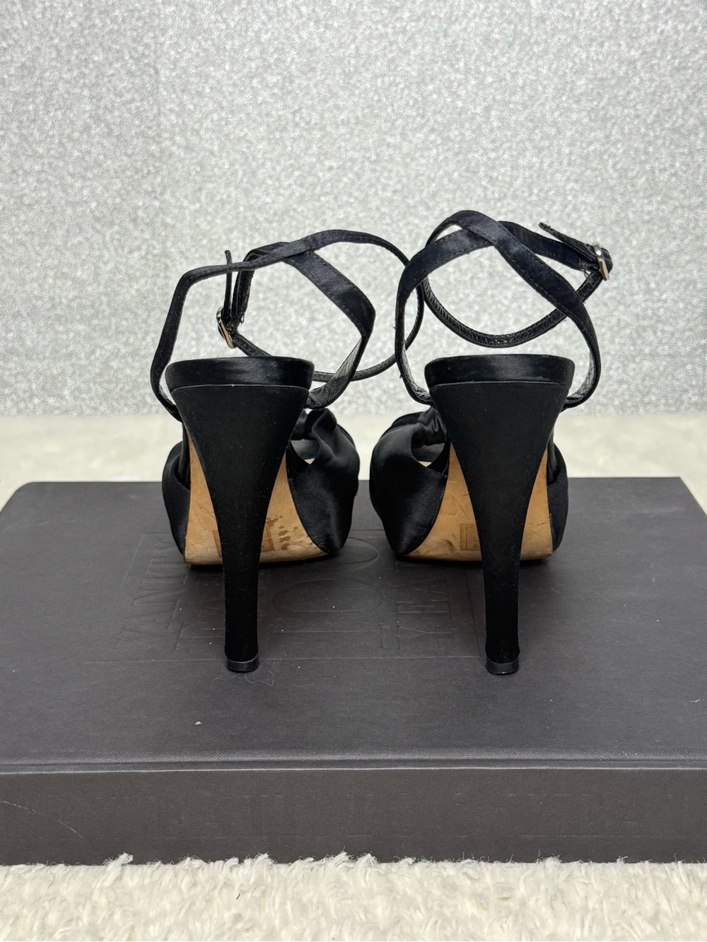 bebe Black Knotted Peep-Toe Ankle Strap Heels - Picture 6 of 11